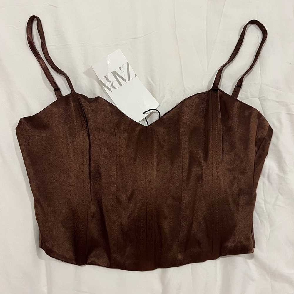 Zara Brown Satin Silk Bustier Corset Top